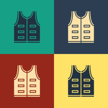 Renk arka planda yalıtılmış Renk Avcılık ceket simgesi. Av yeleği. Vintage tarzı çizim. Vektör İllüstrasyonu