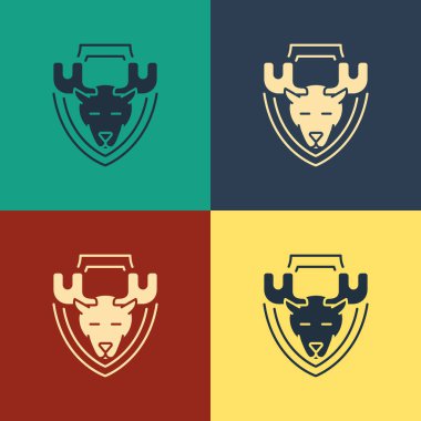 Renk arka planda izole kalkan simgesi üzerinde Renk Moose baş. Duvarda av ganimeti. Vintage tarzı çizim. Vektör İllüstrasyonu