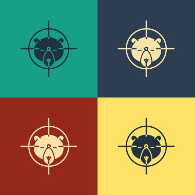 Renk arka planda izole artı işareti simgesi ile ayı renk avı. Ayı ve hedef ile Avcılık kulübü logosu. Tüfek merceği bir ayıyı hedef almış. Vintage tarzı çizim. Vektör İllüstrasyonu