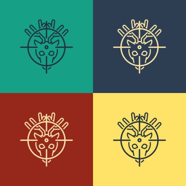 Renk arka planda izole artı işareti simgesi ile geyik üzerinde Renk Avı. Geyik ve hedef ile Avcılık kulübü logosu. Tüfek lensi bir geyiği hedef aldı. Vintage tarzı çizim. Vektör İllüstrasyonu