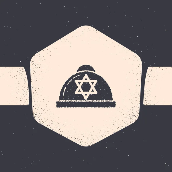 Гранж еврейский кипа со звездой иконы Дэвида изолированы на сером фоне. Еврейская ермолка. Монохромный винтажный рисунок. Векторная миграция — стоковый вектор