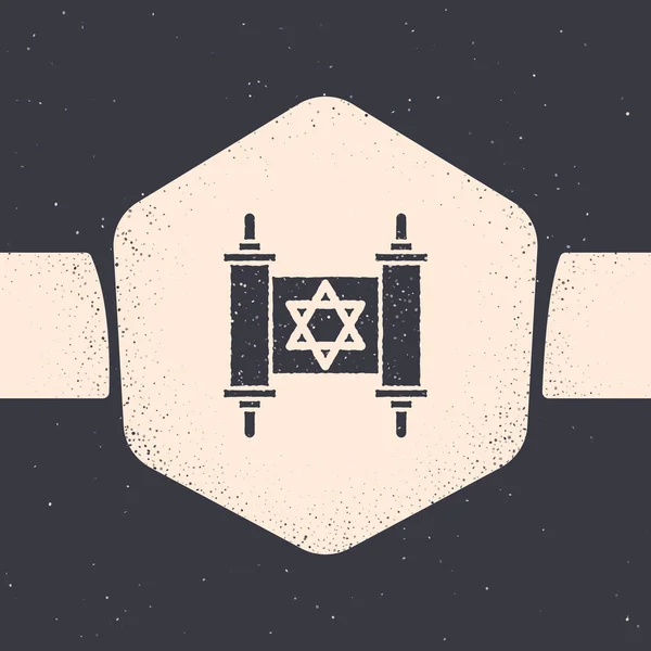 Иконка гигантской Торы выделена на сером фоне. Еврейская Тора в расширенной форме. Символ Звезды Давида. Старый пергаментный свиток. Монохромный винтажный рисунок. Векторная миграция — стоковый вектор
