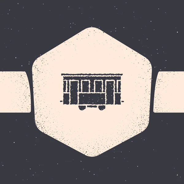 Grunge alte Straßenbahn-Ikone isoliert auf grauem Hintergrund. Symbol für den öffentlichen Nahverkehr. Monochrome Vintage-Zeichnung. Vektorillustration — Stockvektor
