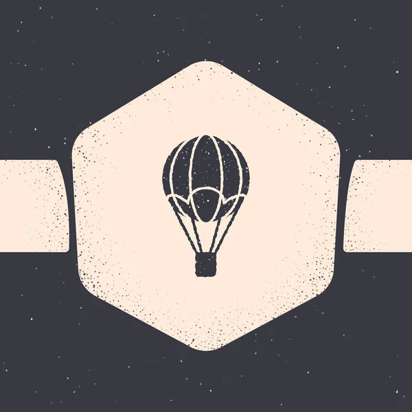 Grunge Hot air balloon icon isolated on grey background. Air transport for travel. Monochrome vintage drawing. Vector Illustration