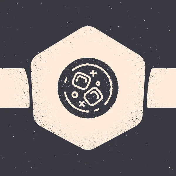 Grunge Glass, ikona whisky a kostky ledu, izolovaná na šedém pozadí. Monochromatický výkres. Vektorová ilustrace — Stockový vektor