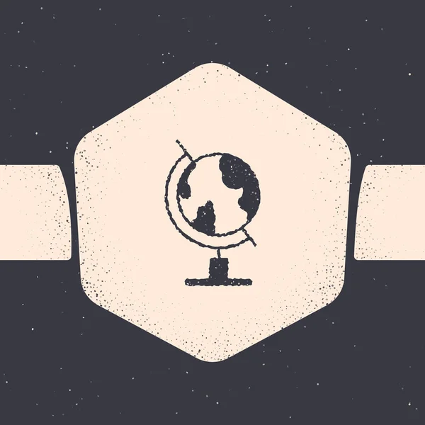 Grunge Earth globo icono aislado sobre fondo gris. Dibujo vintage monocromo. Ilustración vectorial — Vector de stock