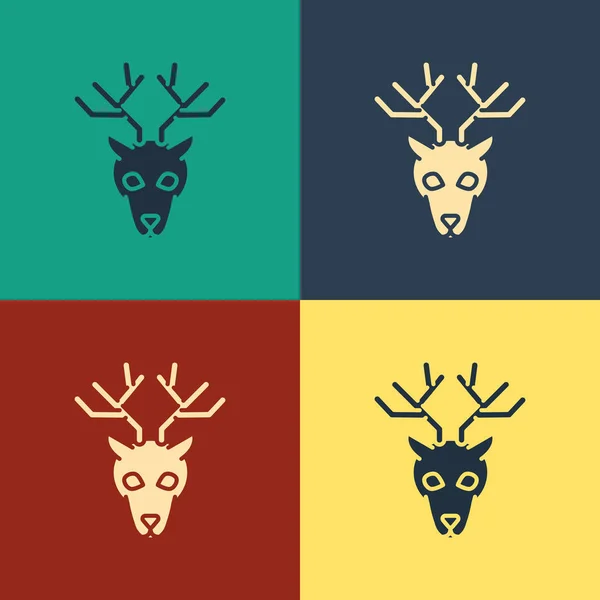 Kolor jelenie głowy z ikoną poroża izolowane na kolorowym tle. Styl Vintage rysunek. Ilustracja wektorowa — Wektor stockowy