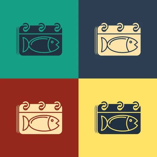 Calendrier de couleur avec une icône de poisson isolé sur fond de couleur. Jour du poisson. Dessin style vintage. Illustration vectorielle — Image vectorielle