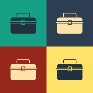 Renk arka planda izole wobbler ve dişli balıkçılık ekipmanları simgesi için Renk Kılıfı veya kutu konteyner. Olta takımı. Vintage tarzı çizim. Vektör İllüstrasyonu