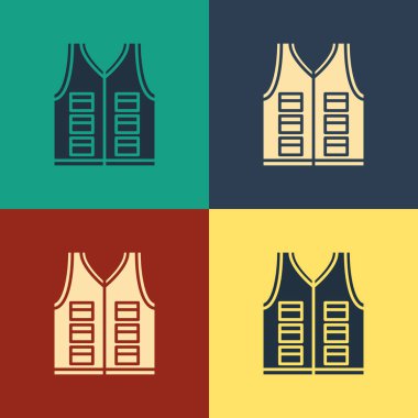 Renk arka planda yalıtılmış Renkli Balıkçılık ceket simgesi. Balıkçı yeleği. Vintage tarzı çizim. Vektör İllüstrasyonu