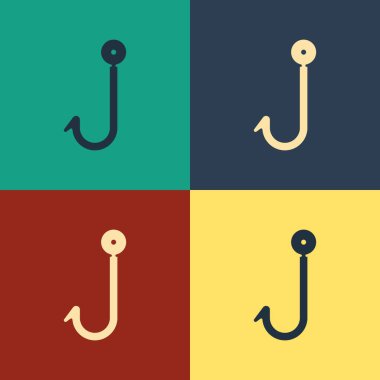 Renk arka planda yalıtılmış Renk Olta kancası simgesi. Olta takımı. Vintage tarzı çizim. Vektör İllüstrasyonu