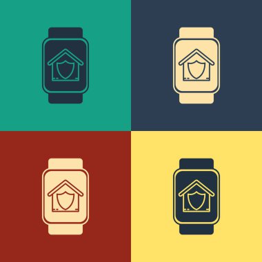 Renk arka planda izole koruma simgesi altında ev ile Color Smart saat. Koruma, güvenlik, güvenlik, koruma, savunma konsepti. Vintage tarzı çizim. Vektör İllüstrasyonu