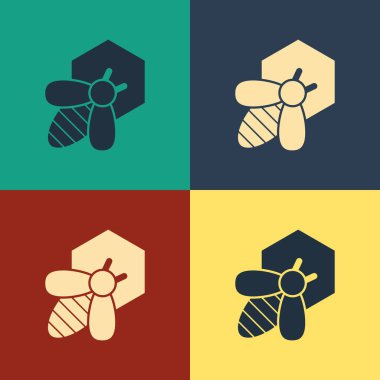 Renk arısı ve petek simgesi renk arka planda izole. Bal hücreleri. Bal arısı veya kanat sembolü ile apis. Uçan böcek. Tatlı doğal yemekler. Vintage tarzı çizim. Vektör İllüstrasyonu