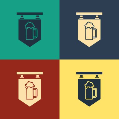 Renk arka planda izole bira simgesi cam ile Renk Sokak tabela. Reklam bar, kafe, pub, restoran için uygundur. Vintage tarzı çizim. Vektör İllüstrasyonu