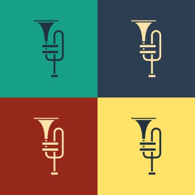 Renk Müzik enstrüman trompet simgesi renk arka plan izole. Vintage tarzı çizim. Vektör İllüstrasyonu