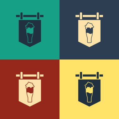 Renk arka planda izole bira simgesi cam ile Renk Sokak tabela. Reklam bar, kafe, pub, restoran için uygundur. Vintage tarzı çizim. Vektör İllüstrasyonu