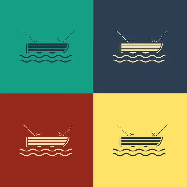 Кольоровий рибальський човен з рибальським стрижнем на значку води ізольовано на кольоровому фоні. Малюнок вінтажного стилю. Векторна ілюстрація — стоковий вектор
