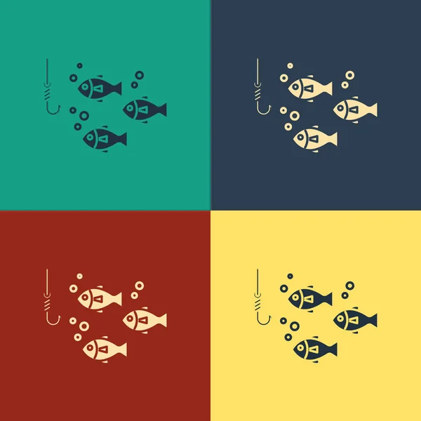 Color Gancho de pesca bajo el agua con icono de pescado aislado en el fondo de color. Aparejos de pesca. Dibujo de estilo vintage. Ilustración vectorial — Vector de stock