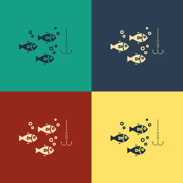Кольоровий рибальський гачок під водою з значком риби ізольовано на кольоровому фоні. Риболовля. Малюнок вінтажного стилю. Векторна ілюстрація — стоковий вектор
