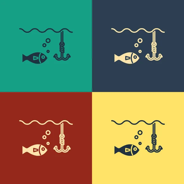 Цвет крючок под водой с иконкой рыбы изолированы на цветном фоне. Рыболовные снасти. Рисунок в винтажном стиле. Векторная миграция — стоковый вектор
