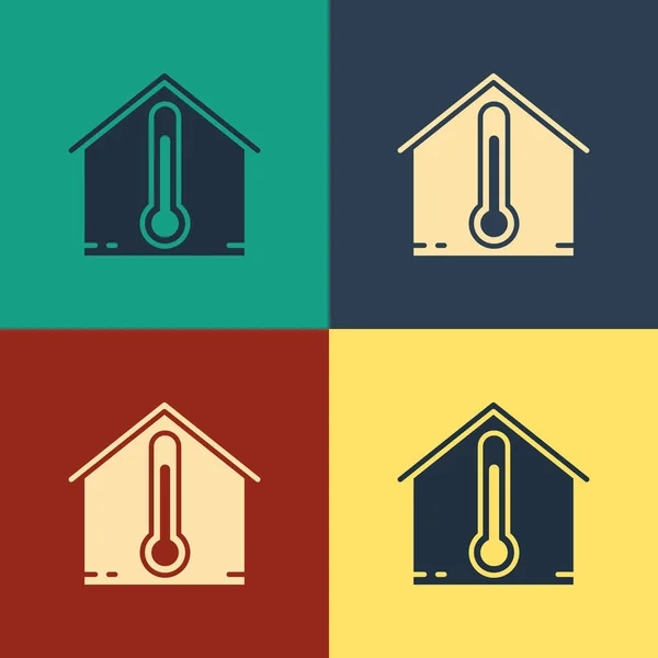 Icono de temperatura de la casa de color aislado sobre fondo de color. Icono del termómetro. Dibujo de estilo vintage. Ilustración vectorial — Archivo Imágenes Vectoriales