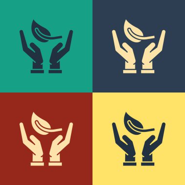 Renk arka planda izole çevre koruma simgesi elinde Renk Filiz. Tohum ve fide. Fidan dikimi. Ekoloji kavramı. Vintage tarzı çizim. Vektör İllüstrasyonu