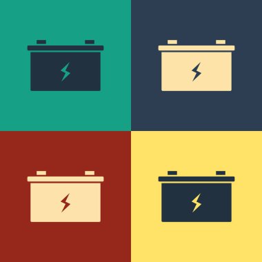 Renkli Araba akü simgesi renk arka planda yalıtılmış. Akümülatör pil enerji gücü ve elektrik akümülatör pil. Vintage tarzı çizim. Vektör İllüstrasyonu