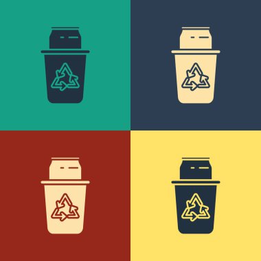 Renk Geri Dönüşüm kutusu ile geri dönüşüm simgesi ve renk arka planda yalıtılmış simgesi olabilir. Çöp kutusu simgesi. Çöp kutusu tabelası. Sepet işaretini geri dönüştürün. Vintage tarzı çizim. Vektör İllüstrasyonu