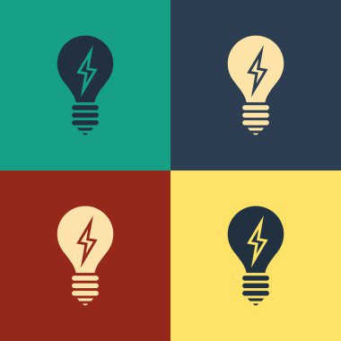 Renk arka planda yalıtılmış yıldırım simgesi simgeli renk ampulü. Işık lambası işareti. Fikir sembolü. Vintage tarzı çizim. Vektör İllüstrasyonu