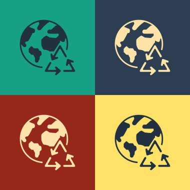 Color Planet earth ve renk arka planda izole edilmiş bir geri dönüşüm simgesi. Çevre kavramı. Vintage tarzı çizim. Vektör İllüstrasyonu