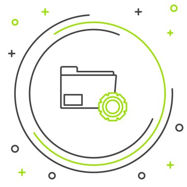 Siyah ve yeşil çizgi Klasör ayarları beyaz arka plan üzerinde vites simgesi ile. Yazılım güncellemesi, transfer protokolü, takım çalışması araç yönetimi, kopyalama işlemi. Renkli anahat konsepti. Vektör İllüstrasyonu