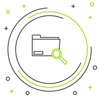 Beyaz arka planda yalıtılmış klasör simgesi yle siyah ve yeşil çizgi Arama kavramı. Büyüteç ve belge. Veri ve bilgi işareti. Renkli anahat konsepti. Vektör İllüstrasyonu