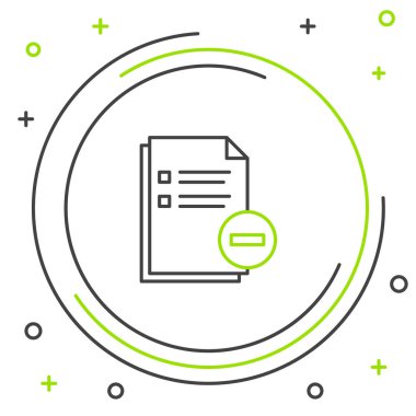 Siyah ve yeşil çizgi Beyaz arka planda izole eksi simgesi olan belge. Belgeyi temizleyin. Dosya belgesini kaldırın. Bilgi dosyalarını silin. Renkli anahat konsepti. Vektör İllüstrasyonu