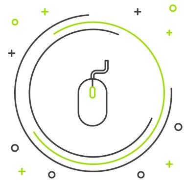 Siyah ve yeşil çizgi Bilgisayar fare simgesi beyaz arka plan üzerinde yalıtılmış. Tekerlek sembolü ile optik. Renkli anahat konsepti. Vektör İllüstrasyonu