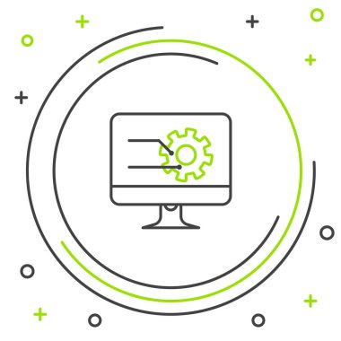 Siyah ve yeşil çizgi Beyaz arka plan üzerinde grafik grafik simgesi ile Bilgisayar monitörü. Metin dosyası simgesini bildirin. Muhasebe işareti. Denetim, analiz, planlama. Renkli anahat konsepti. Vektör İllüstrasyonu