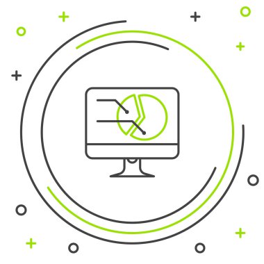 Siyah ve yeşil çizgi Beyaz arka plan üzerinde grafik grafik simgesi ile Bilgisayar monitörü. Metin dosyası simgesini bildirin. Muhasebe işareti. Denetim, analiz, planlama. Renkli anahat konsepti. Vektör İllüstrasyonu