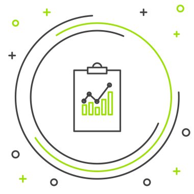 Siyah ve yeşil çizgi Pano grafik simgesi beyaz arka plan üzerinde izole. Metin dosyası simgesini bildirin. Muhasebe işareti. Denetim, analiz, planlama. Renkli anahat konsepti. Vektör İllüstrasyonu
