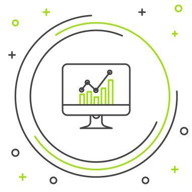 Siyah ve yeşil çizgi Beyaz arka plan üzerinde grafik grafik simgesi ile Bilgisayar monitörü. Metin dosyası simgesini bildirin. Muhasebe işareti. Denetim, analiz, planlama. Renkli anahat konsepti. Vektör İllüstrasyonu