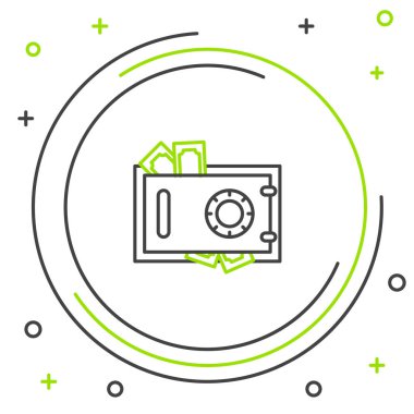 Siyah ve yeşil çizgi Güvenli ve para simgesi beyaz arka plan üzerinde izole. Kapı kasası, kombine kilidi olan bir banka kasası. Güvenilir veri koruması. Renkli anahat konsepti. Vektör İllüstrasyonu