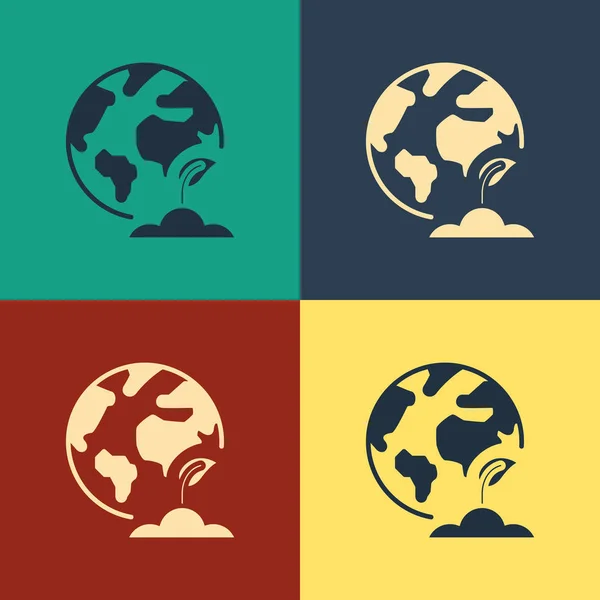 Цвет земной шар и иконка растения изолированы на цветном фоне. Знак мира или Земли. Геометрические формы. Экологическая концепция Рисунок в винтажном стиле. Векторная миграция — стоковый вектор