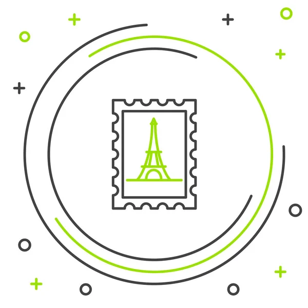 Zwarte en groene lijn postzegel en Eiffel toren pictogram geïsoleerd op witte achtergrond. Kleurrijk overzichts concept. Vector illustratie — Stockvector