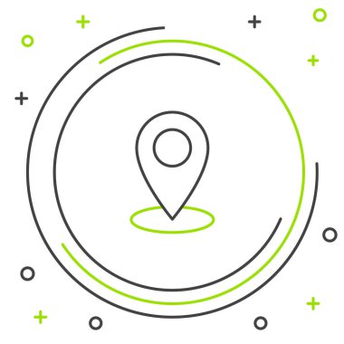 Siyah ve yeşil çizgi Beyaz arka plan üzerinde Harita pin simgesi. Navigasyon, işaretçi, yer, harita, gps, yön, yer, pusula, iletişim, arama konsepti. Renkli anahat konsepti. Vektör İllüstrasyonu