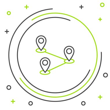 Siyah ve yeşil çizgi Rota konum simgesi beyaz arka planda yalıtılmış. Harita işaretçisi işareti. Yol veya yol kavramı. Gps navigasyon cihazı. Renkli anahat konsepti. Vektör İllüstrasyonu