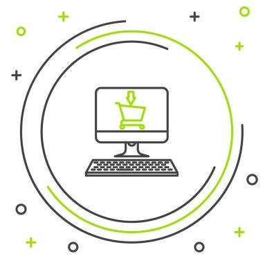 Siyah ve yeşil çizgi Beyaz arka planda yalıtılmış ekran bilgisayar simgesinde alışveriş sepeti. Konsept e-ticaret, e-iş, online iş pazarlama. Renkli anahat konsepti. Vektör İllüstrasyonu