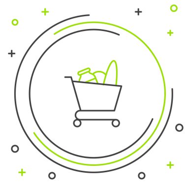 Siyah ve yeşil çizgi Alışveriş sepeti ve gıda simgesi beyaz arka plan üzerinde izole. Yiyecek dükkanı, süpermarket. Renkli anahat konsepti. Vektör İllüstrasyonu