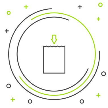 Siyah ve yeşil çizgi Kağıt alışveriş çantası simgesi beyaz arka plan üzerinde izole. Paket işareti. Renkli anahat konsepti. Vektör İllüstrasyonu