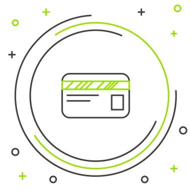 Siyah ve yeşil çizgi Kredi kartı simgesi beyaz arka planda yalıtılmış. Online ödeme. Nakit para çekme. Finansal operasyonlar. Alışveriş tabelası. Renkli anahat konsepti. Vektör İllüstrasyonu