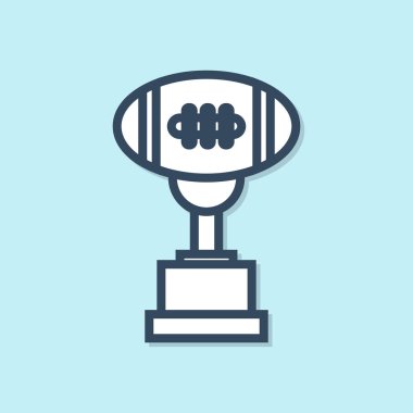 Mavi çizgi Ödül kupası ve Amerikan futbol topu simgesi mavi arka plan izole. Kazanan kupa sembolü. Şampiyonluk ya da yarışma kupası. Vektör İllüstrasyonu