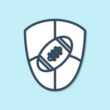 Mavi çizgi Amerikan Futbolu topu ve kalkan simgesi mavi arka plan üzerinde izole. Rugby topu simgesi. Takım sporu oyun sembolü. Vektör İllüstrasyonu