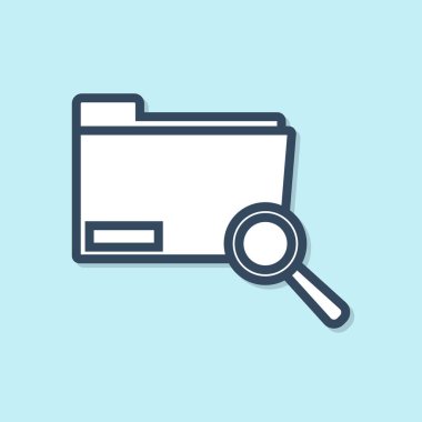 Mavi arka planda yalıtılmış klasör simgesi olan Mavi Çizgi Arama kavramı. Büyüteç ve belge. Veri ve bilgi işareti. Vektör İllüstrasyonu